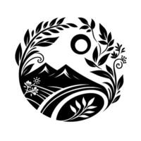 A stylized black and white circular featuring mountains, sun, foliage, and rolling hills, creating a harmonious natural scene. vector