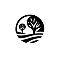 Minimalist black and white featuring two stylized trees within a circular frame, set on a landscape of horizontal lines. vector