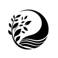 A minimalist, black and white depicting a stylized tree branch with leaves intertwined in a circle with curving lines, symbolizing growth, nature, and harmony. vector