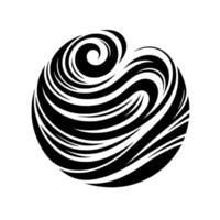 A stylized black and white depicting a spherical form composed of flowing, swirling lines, creating a dynamic and abstract design, with a subtle shadow. vector