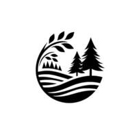 A black and white circular featuring a stylized landscape with trees, hills, and foliage, conveying natures simplicity. vector