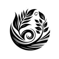 Stylized Black and White Circular Floral with Leaves, Spirals, and a Swirl, Symbolizing Growth and Harmony. vector