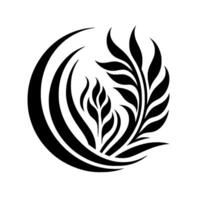 Intricate black and white illustration of stylized leaves and crescent shapes, forming a circular, naturalistic, and artistic composition. vector