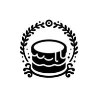 A minimalist black and white featuring a tiered cake with dripping icing, surrounded by a circular laurel wreath design, symbolizing celebration. vector