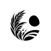 Minimalist Black and White Circular with Abstract Foliage, an Ellipsoidal Sun, and Striped Ground. vector