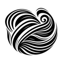 Black and white swirling pattern, abstract artwork, composed of curved lines forming an organic, heartlike shape on a white background. vector