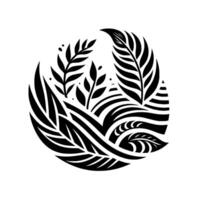 An intricate, stylized botanical illustration in a blackandwhite minimalist design, featuring leaves and vegetation arranged within a circular composition. vector