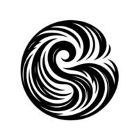 Black and white swirling stylized pattern, a dynamic circular with flowing, curved elements resembling waves, creating a sense of movement. vector