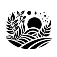 Black and White Minimalist Landscape Farm Fields, Sun, Stars, and Foliage inside a Circle, creating a serene and natural aesthetic. vector