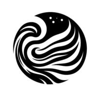 A stylized black and white circular design, featuring swirling wavelike patterns and three white dots suggesting stars. vector