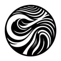 Abstract black and white circular featuring swirling, stylized wavelike patterns and a striking contrast. vector