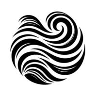 Abstract black and white stylized swirl in a circular shape, formed by layered curved lines, evoking motion and form. vector
