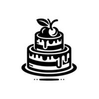 Elegant Black and White Illustration of a TwoTiered Cake Topped with a Cherry and Dripping Icing on a Plate. vector