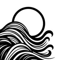 Black and white stylized artwork featuring flowing wavy lines beneath a large circle. vector