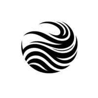 A stylized, minimalist black and white spherical featuring curved wavelike shapes with soft shadows, suggesting motion and fluidity. vector