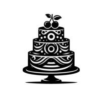 A stylized, threetiered black and white cake, adorned with cherries, presented on a pedestal, within a white circular background. vector