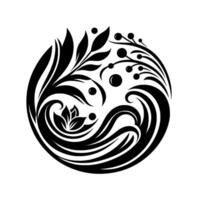 Black and white symmetrical in a circle shape featuring stylized floral and wave elements with leaves and berries for decorative aesthetic. vector