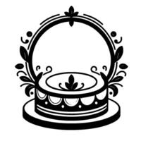 Ornate black and white decorative centerpiece design, featuring a tiered platform, circular frame, and stylized foliage elements. vector