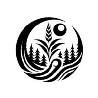 YinYang Symbol with wheat, pine trees, sun, and water, representing harmony, balance, nature, and organic elements, depicted in a minimalist black and white design. vector