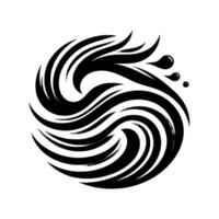Abstract circular composition featuring stylized black and grey wavelike forms, with three accompanying droplet shapes on a white background. vector