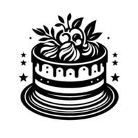 Black and white illustration of a layered cake with decorative frosting, dripped glaze, and plantbased decorations, set against a stark white background with star accents. vector