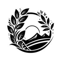 Monochrome Mountain Landscape within a Leafy Laurel Wreath, Sun and Minimalist Design. vector