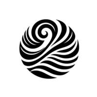 Abstract black and white stylized orb with swirling lines and wave patterns on white background. vector