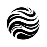 Abstract black and white featuring a stylized sphere composed of curved, wavelike stripes against a clean white background with a subtle shadow. vector
