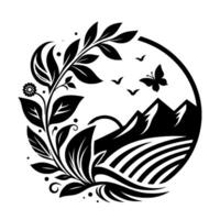 Elegant black and white circular nature scene featuring floral elements, mountains, a butterfly, birds, and fields. vector