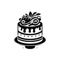 Elegant Black and White Cake Illustration with Decorative Frosting, Topped with Ornate Foliage and Berries, on a Simple Plate, Isolated on White. vector