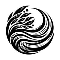 Elegant Black and White Circular Design A stylized depiction of leaves, curves, and lines, creating a balanced, flowing, and organic aesthetic. vector