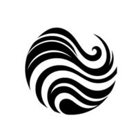 Abstract black and white of a sphere with wavy stripes and a swirl, rendered on a white background, evoking flow and movement. vector