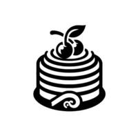 A minimalist black and white of a round striped cake with cherries on top, set against a white backdrop, evoking a retro feel. vector