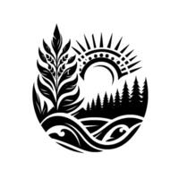 Stylized black and white circular nature featuring sun, trees, foliage, and flowing lines, evoking harmony and tranquility. vector