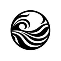 A minimalist, symmetrical emblem depicting stylized ocean waves within a black circle, with white accents, representing tranquility. vector