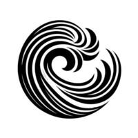 A stylized, black and white circular depicting swirling, layered wavelike forms, set against a plain white background. vector