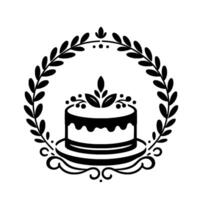 Elegant Monochromatic Cake Design A Round Layered Cake with Leafy Embellishments within a Laurel Wreath on White Backdrop. vector