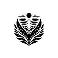 Stylized symmetrical black floral with a central bloom, encircled by a crescent of layered lines, a dotsun and stars on white. vector