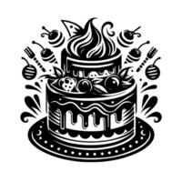 Elegant TwoTiered Cake with Dripping Icing, Cherries, Berries, and Decorative Elements in a Bold Black and White Style vector