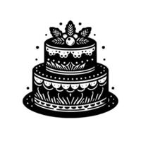 Elegant TwoTiered Cake in Black and White, Adorned with Intricate Floral Patterns, Delicate Dots, and Decorative Foliage. vector