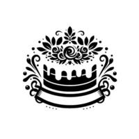 Intricate Black and White Illustration of a TwoTiered Cake Decorated with Floral Elements and a Ribbon Banner on a White Background. vector