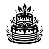 Black and White Layered Cake with Dripping Frosting, Candle, and Leafy Embellishments on a White Background. vector