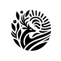 Black and White Circle Composition A Stylized Deer with Antlers, Leaves, Berries, and Abstract Sunburst Element vector