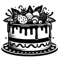 illustration of a black and white decadent cake with chocolate ganache dripping down the sides, topped with various stylized fruits and foliage, presented on a decorative plate. vector