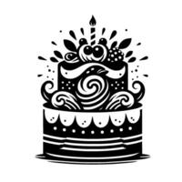 Elegant black and white illustration of a twotiered birthday cake with stylized decorations, a lit candle, and a whimsical design. vector
