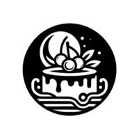 A stylized monochrome featuring a cake, cherries, and abstract elements within a circular frame, exuding elegance. vector