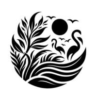 Circular Black White Illustration Stylized Swans, Foliage, Birds, and Sun, Creating Serene Nature Scene vector