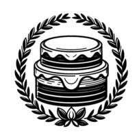 Elegant TwoTiered Cake with Dripping Icing, Surrounded by a Laurel Wreath and Floral Accents in a Simple, Monochrome Design. vector