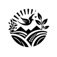 A stylized black and white circular of a bird in flight over a landscape, complete with fields, mountain range, and greenery under the sun. vector