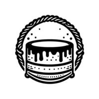 Simple black and white illustration of a tiered cake with chocolate drips encircled by a stylized rope. vector